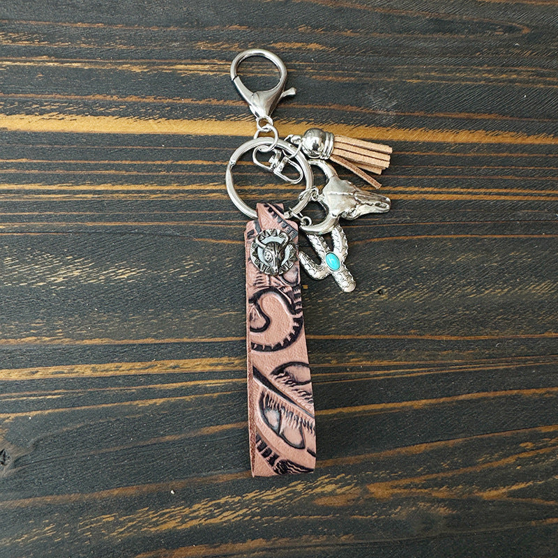 Wholesale Western Cowboy Vintage Genuine Leather Turquoise Cowhide Keychain